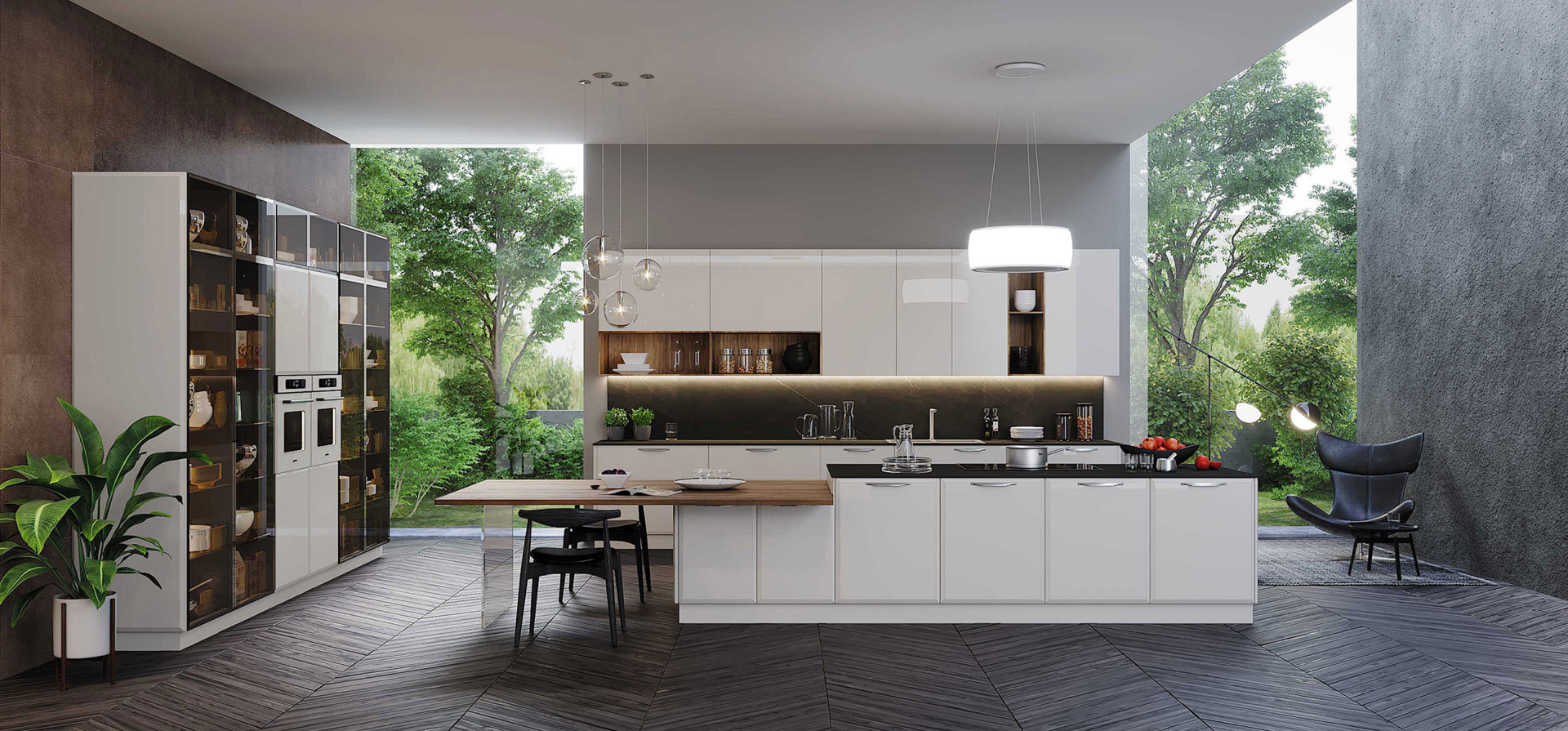 Modern custom kitchen with white cabinetry and large island by Custom Millwork Miami
