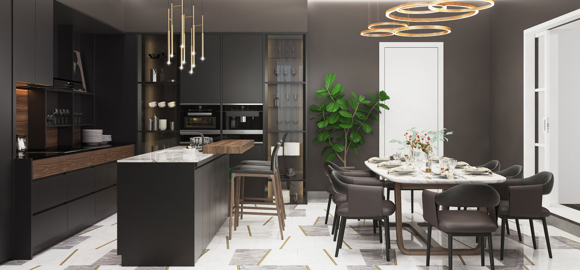 Luxury dark custom kitchen cabinets with wood accents and marble island