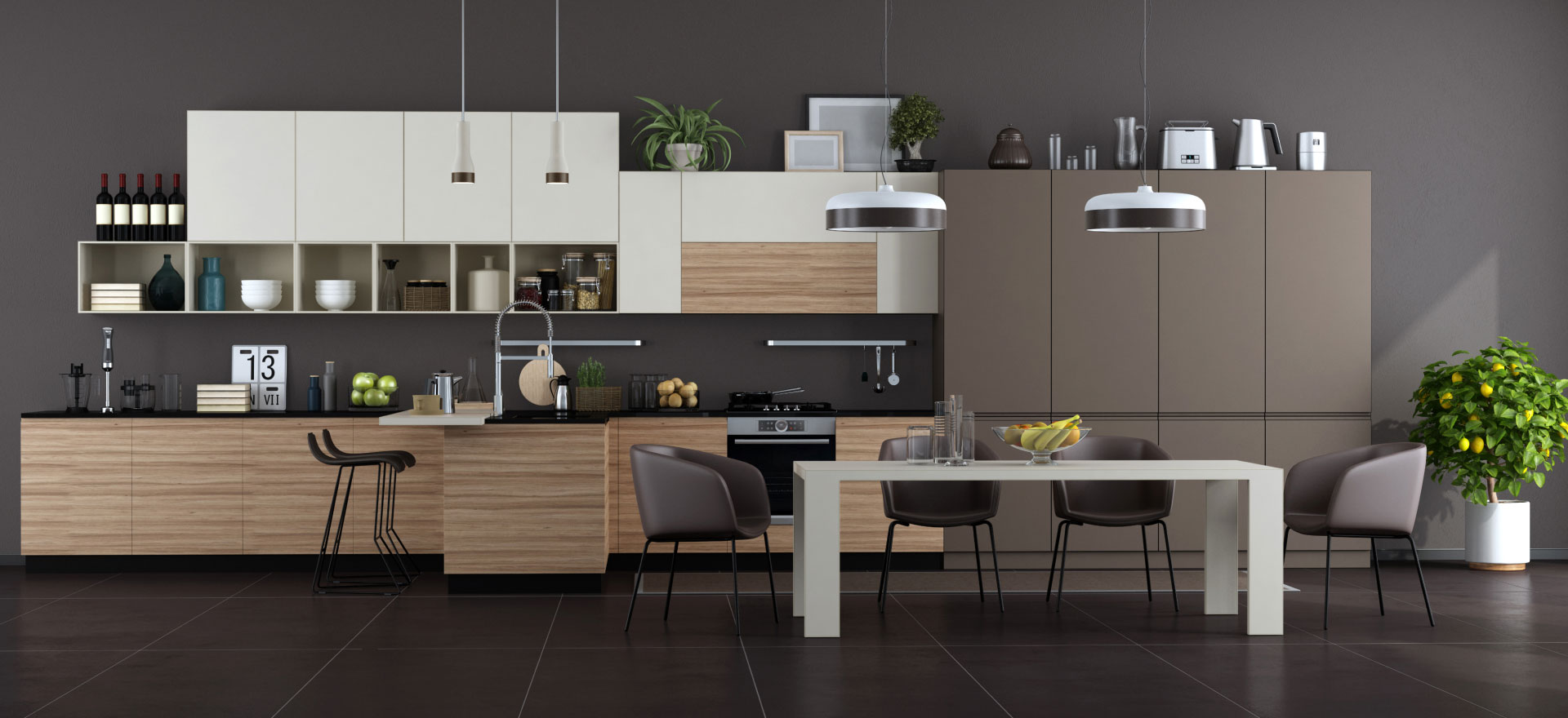 Custom renovation with wood and gray kitchen cabinets and open dining area